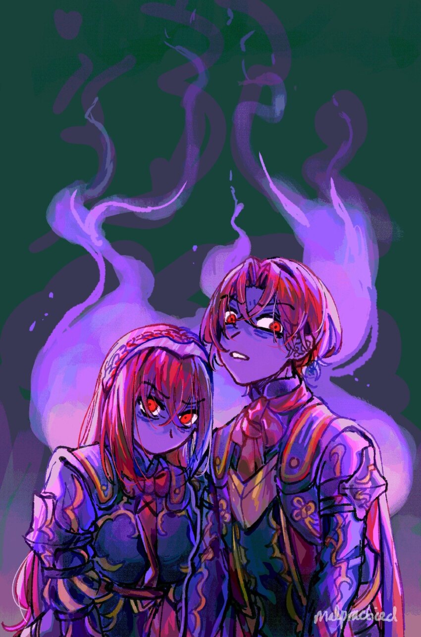 1boy 1girl aura braid crossed_bangs crown_braid dark_aura dark_persona female_alear_(fell_dragon)_(fire_emblem) female_alear_(fire_emblem) female_alear_(red_days_past)_(fire_emblem) fire_emblem fire_emblem_engage fire_emblem_heroes hair_between_eyes highres long_hair looking_at_viewer male_alear_(fell_dragon)_(fire_emblem) male_alear_(fell_dragon_child)_(fire_emblem) male_alear_(fire_emblem) maleficauraa nintendo official_alternate_color official_alternate_eye_color official_alternate_hair_color purple_aura red_eyes red_hair tiara