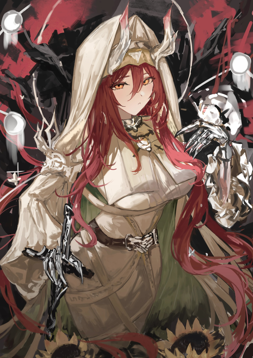1girl absurdres arknights armored_gloves ascalon_(arknights) ascalon_(phototaxis)_(arknights) belt black_belt breasts cape capelet cowboy_shot demon_girl demon_horns dress flower frilled_sleeves frills green_cape hair_between_eyes hand_up highres holding holding_sword holding_weapon hood hooded_cape horns laoshi_wo_hao_e large_breasts long_hair long_sidelocks long_sleeves looking_at_viewer official_alternate_costume orange_eyes parted_lips red_hair sidelocks solo sunflower sword taut_clothes taut_dress two-tone_cape very_long_hair very_long_sidelocks weapon white_cape white_capelet white_dress white_horns wide_sleeves