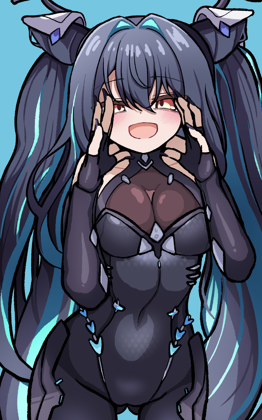 1girl absurdres accessories aqua_hair backless_bodysuit bare_shoulders black_bodysuit black_hair blue_hair bodysuit breasts cleavage clothing_cutout colored_inner_hair flower-shaped_hair folded_hair gloves goddess_of_victory:_nikke hair_intakes highres large_breasts leg_cutout little_mermaid_(nikke) long_hair looking_at_viewer multicolored_hair panatisia see-through_bodysuit see-through_cleavage see-through_clothes shiny_eyes solo twintails very_long_hair yellow_eyes