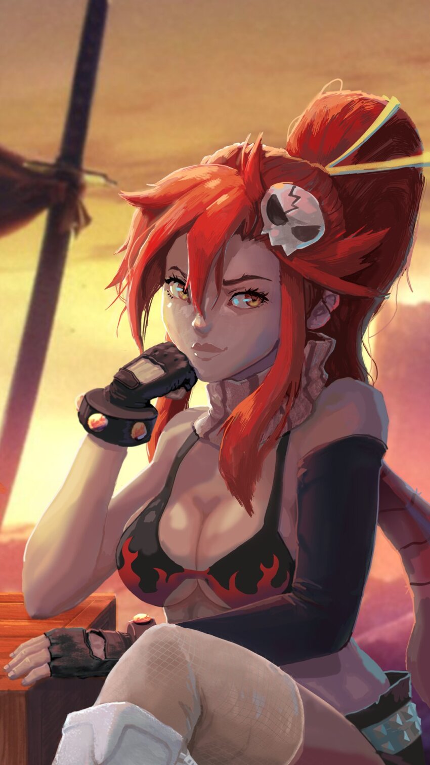1girl belt bikini bikini_top_only black_gloves black_shorts boots bracelet breasts bryan_heemskerk cleavage elbow_gloves fingerless_gloves flame_print gloves hair_ornament hair_stick head_rest highres jewelry lips long_hair looking_at_viewer medium_breasts no_shirt nose ponytail red_hair scarf short_shorts shorts sitting skull_hair_ornament smile solo striped_clothes striped_scarf studded_belt studded_bracelet sunset swimsuit tengen_toppa_gurren_lagann thighhighs underboob yellow_eyes yoko_littner