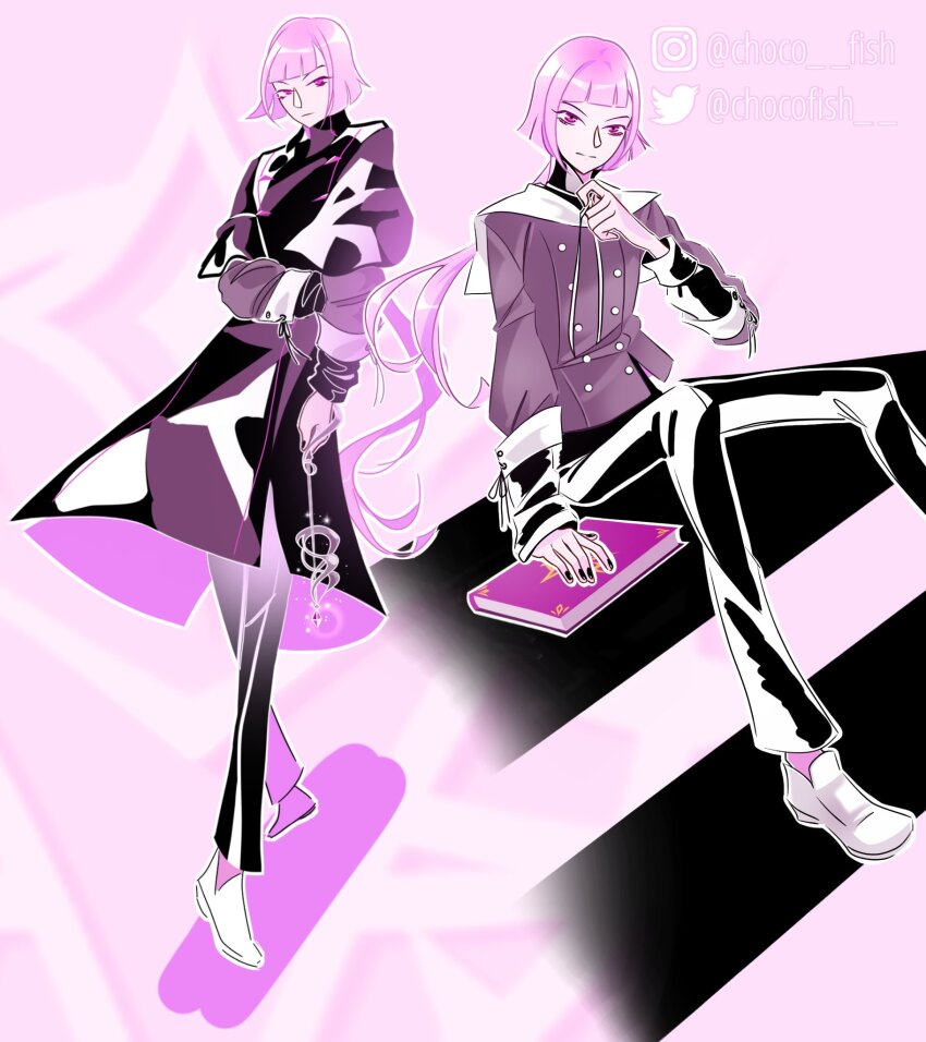 1boy bad_id bad_twitter_id black_coat black_nails black_pants black_ribbon book buttons casting_spell chocofish closed_mouth coat collared_coat colored_shadow commentary english_commentary expressionless eyelashes grey_jacket grey_shirt high_collar highres holding holding_book holding_wand instagram_username jacket long_hair long_sleeves low_ponytail magic male_focus multiple_views nail_polish original outline pants pink_background pink_hair ponytail puffy_long_sleeves puffy_sleeves red_eyes ribbon sailor_collar shadow shirt shoes short_hair sleeve_cuffs sleeve_ribbon twitter_username very_long_hair wand watermark wavy_hair white_outline white_sailor_collar white_shoes winx_club