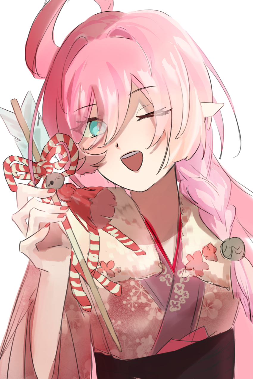 1girl blue_eyes braid commentary_request duoyun_de_tiankong elf elysia_(honkai_impact) hair_between_eyes highres holding honkai_(series) honkai_impact_3rd japanese_clothes kimono long_hair one_eye_closed open_mouth pink_hair pink_kimono pointy_ears simple_background single_braid solo teeth upper_body upper_teeth_only white_background