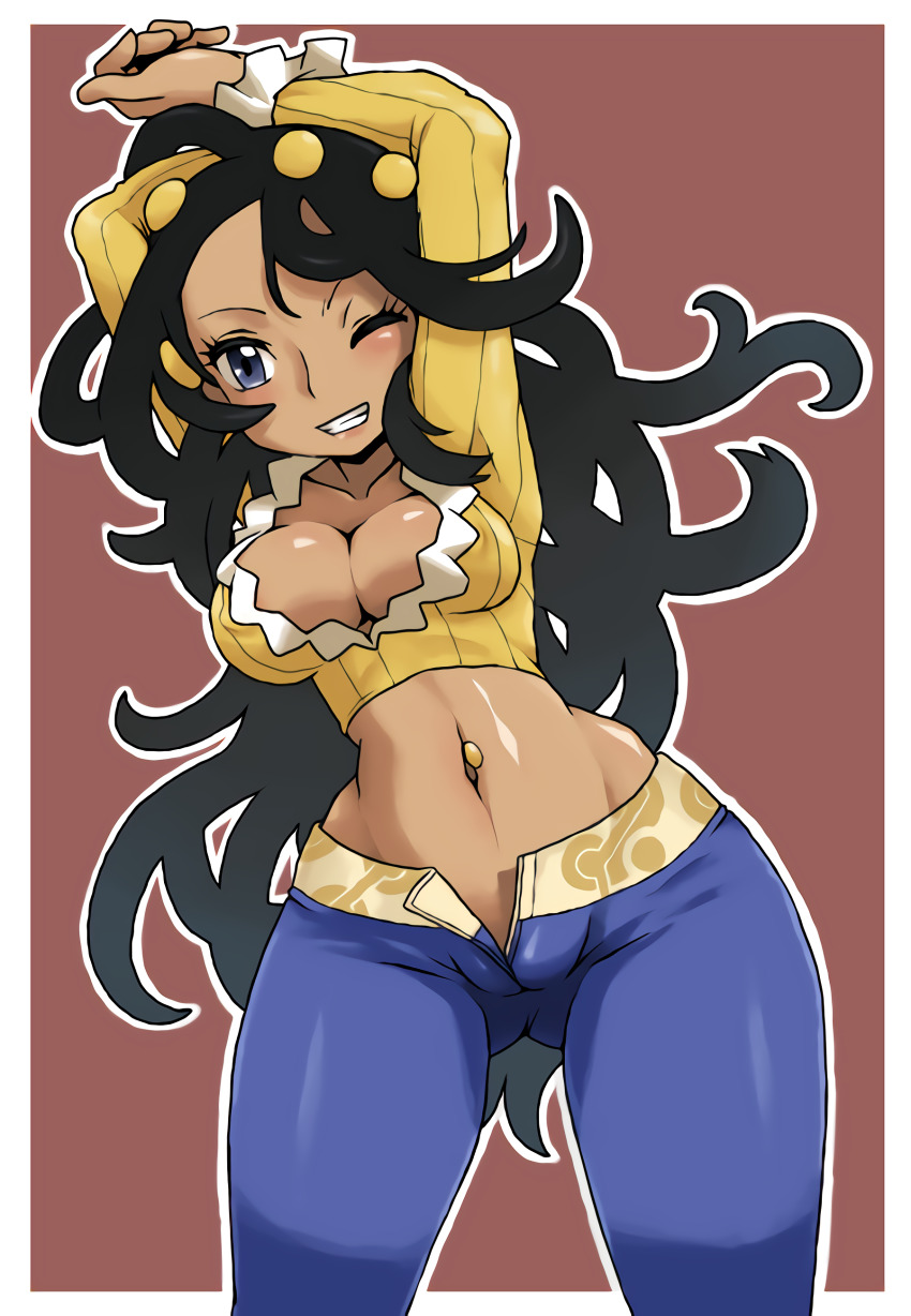 00s 1girl absurdres arms_up black_hair blue_eyes blush breasts cleavage curvy dahlia_(pokemon) dark-skinned_female dark_skin denim frontier_brain highres hip_focus hun_(uyonis) jeans large_breasts long_hair midriff navel navel_piercing nintendo no_panties one_eye_closed open_fly pants piercing pokemon pokemon_dppt pokemon_platinum solo thick_thighs thighs toned unzipped very_long_hair wide_hips wink