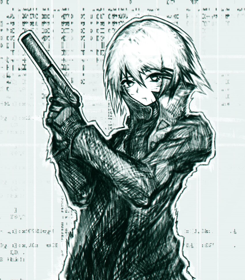 11e10 1girl abstract_background absurdres arms_up coat faux_traditional_media gloves green_theme gun hair_ornament hairclip handgun hatching_(texture) highres holding holding_gun holding_weapon marie_(peripeteia) monochrome open_clothes open_coat outline peripeteia scar scar_on_face short_hair solo suppressor trench_coat triangle_button weapon white_outline