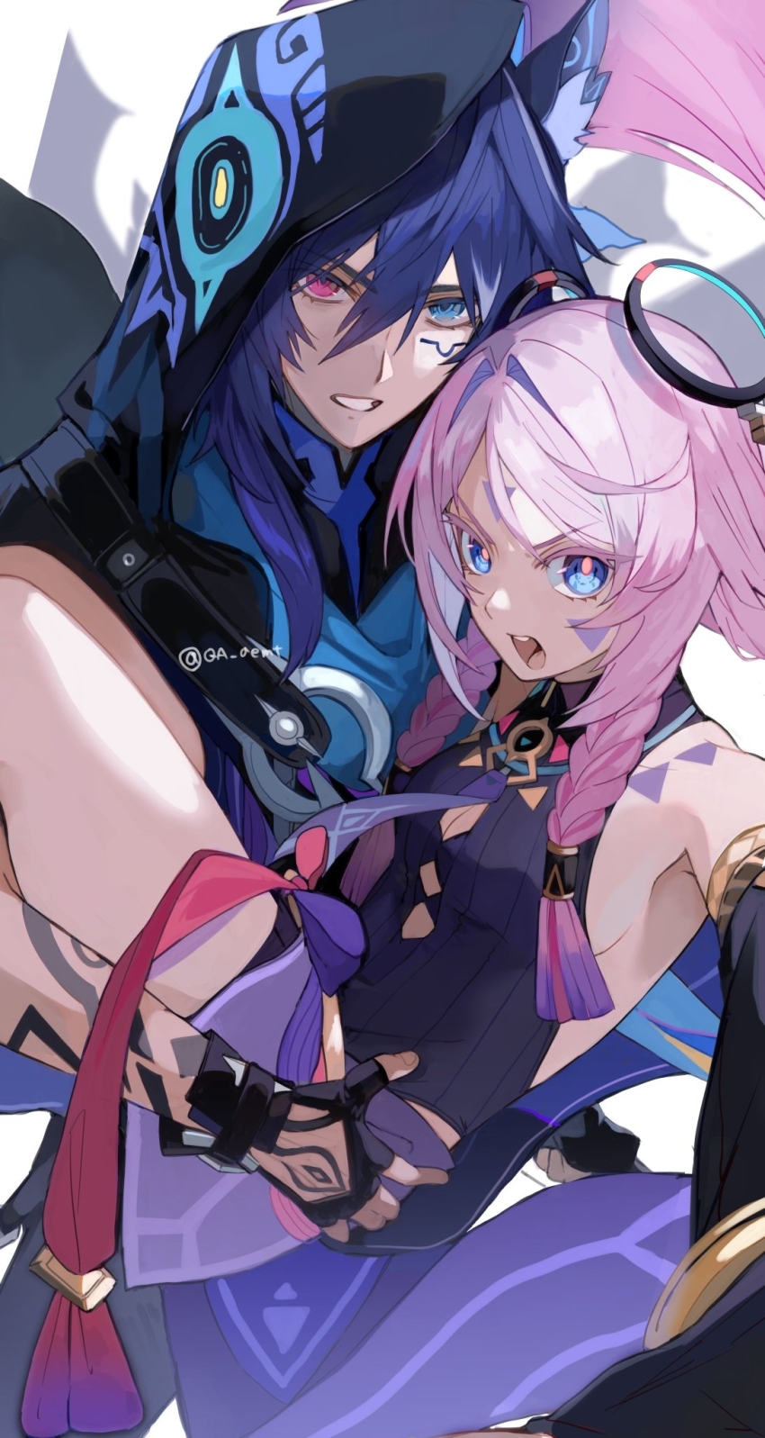 1boy 1girl animal_ear_fluff animal_ears arm_markings bat_ears black_gloves black_hood black_leotard blue_eyes blue_hair braid carrying citlali_(genshin_impact) clenched_teeth facial_mark facial_tattoo fingerless_gloves floating_hair floating_headgear forehead_mark genshin_impact glove_cutout gloves grandmother_and_grandson hair_between_eyes hair_intakes heterochromia highres leotard long_hair looking_at_viewer moku_moku0930 open_mouth ororon_(genshin_impact) pink_eyes pink_hair pink_pupils princess_carry simple_background leotard sleeveless_turtleneck_leotard tattoo teeth triangle triangle_facial_mark twin_braids upper_teeth_only very_long_hair white_background