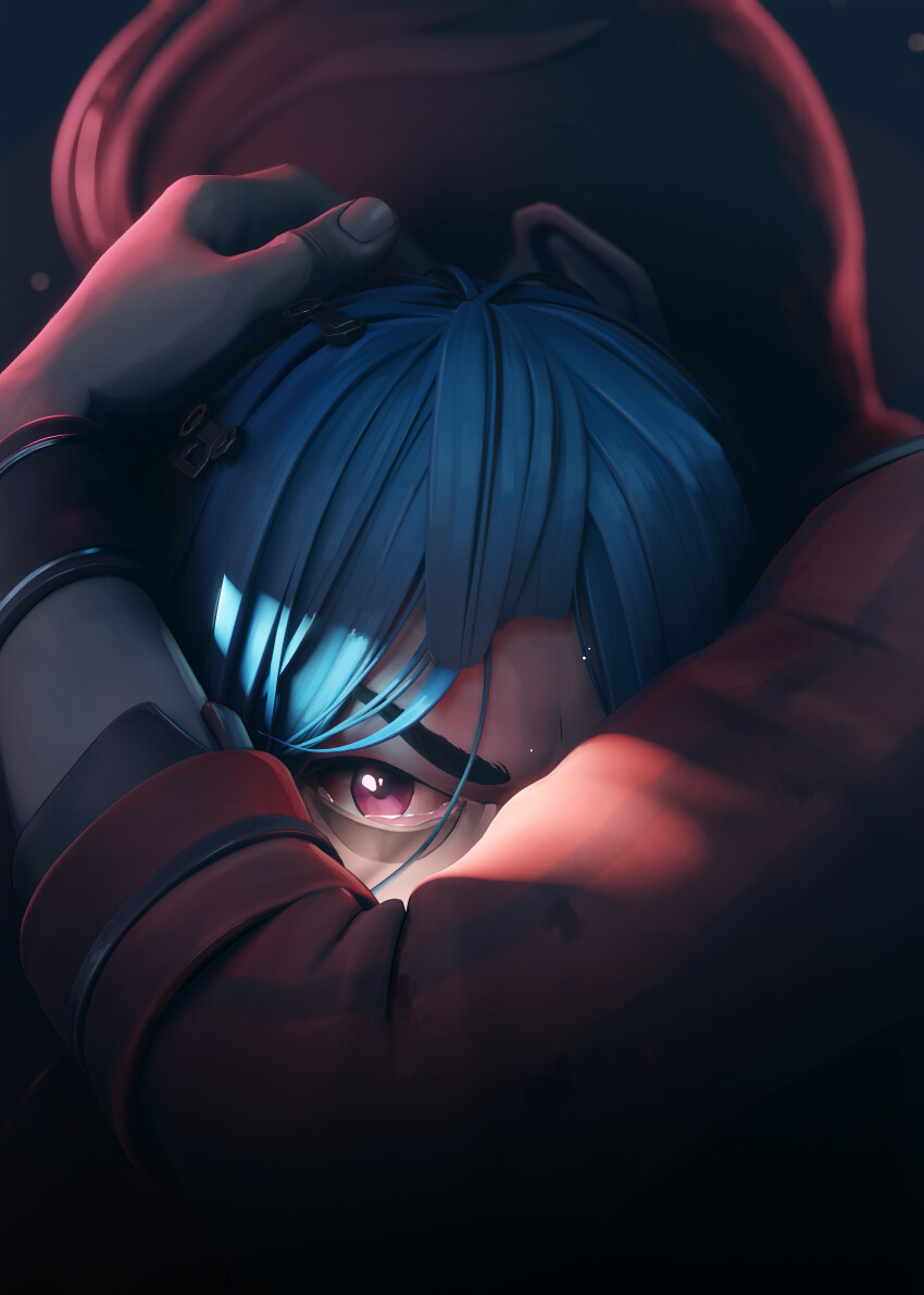 1boy 1girl absurdres angry arcane:_league_of_legends betrayal blue_hair child close-up commentary english_commentary father_and_daughter hair_ornament hair_slicked_back hairclip highres holding hug jinx_(league_of_legends) league_of_legends maya_(medium) photoshop_(medium) piterhillewaert powder_(arcane) purple_eyes red_shirt shirt short_hair silco_(arcane) striped_clothes striped_shirt striped_sleeves tears zbrush_(medium)