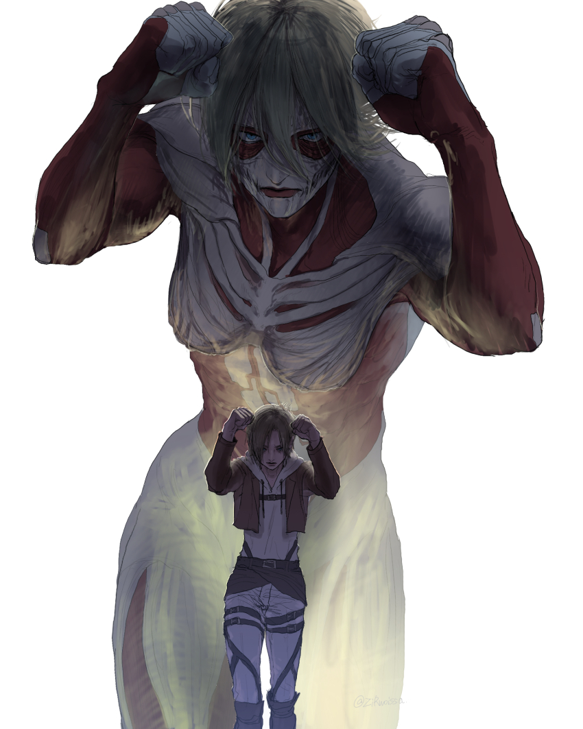 2girls annie_leonhart blonde_hair blue_eyes brown_jacket clenched_hands closed_mouth cowboy_shot exposed_muscle female_titan fighting_stance highres jacket long_sleeves looking_at_viewer multiple_girls pants shingeki_no_kyojin shirt short_hair simple_background spoilers standing titan_(shingeki_no_kyojin) white_background white_pants white_shirt zirwoissa
