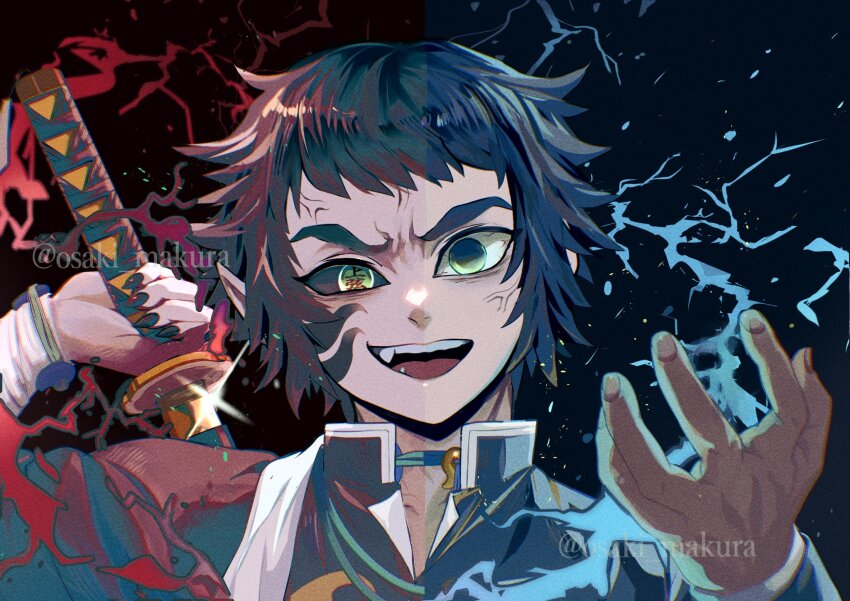 1boy black_background black_hair black_jacket black_nails black_sclera cheek_tattoo choker colored_sclera fang green_eyes hands_up highres holding holding_behind_back holding_sword holding_sword_behind_back holding_weapon holding_weapon_behind_back jacket kaigaku katana kimetsu_no_yaiba magatama male_focus open_mouth osaki_makura short_hair smile solo spiked_hair sword tattoo teeth thunder upper_body upper_teeth_only veiny_face weapon