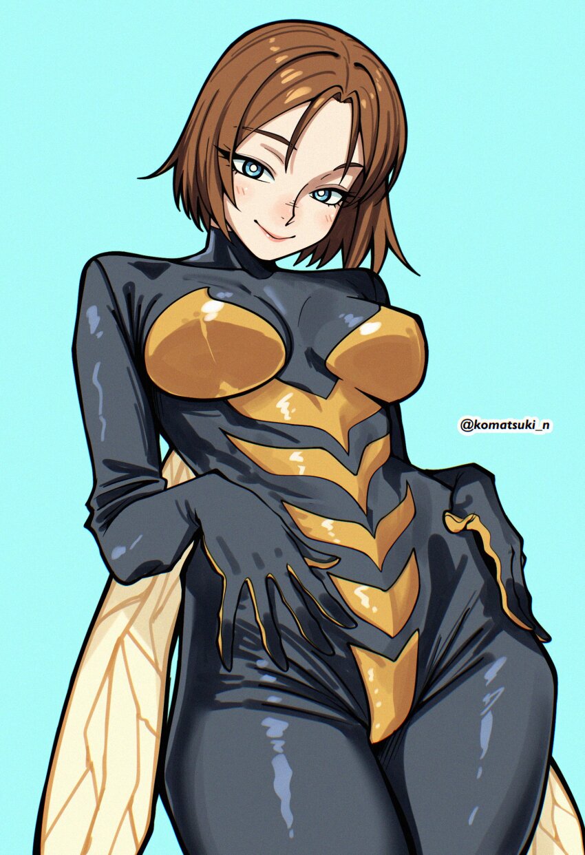 1girl absurdres animification avengers_(series) blue_eyes bodysuit breasts brown_hair highres insect_wings janet_van_dyne komatsuki_n looking_at_viewer marvel medium_breasts short_hair simple_background solo superhero_costume wasp_(marvel) wings