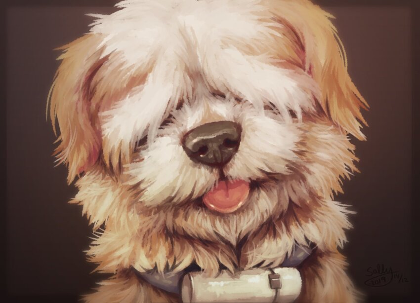 animal_collar animal_focus close-up collar commentary dated dog english_commentary gab_(kyokugen_dasshutsu) hair_over_eyes kyokugen_dasshutsu no_humans nostrils sigmacatdilemma signature solo tongue tongue_out zero_escape:_toki_no_dilemma