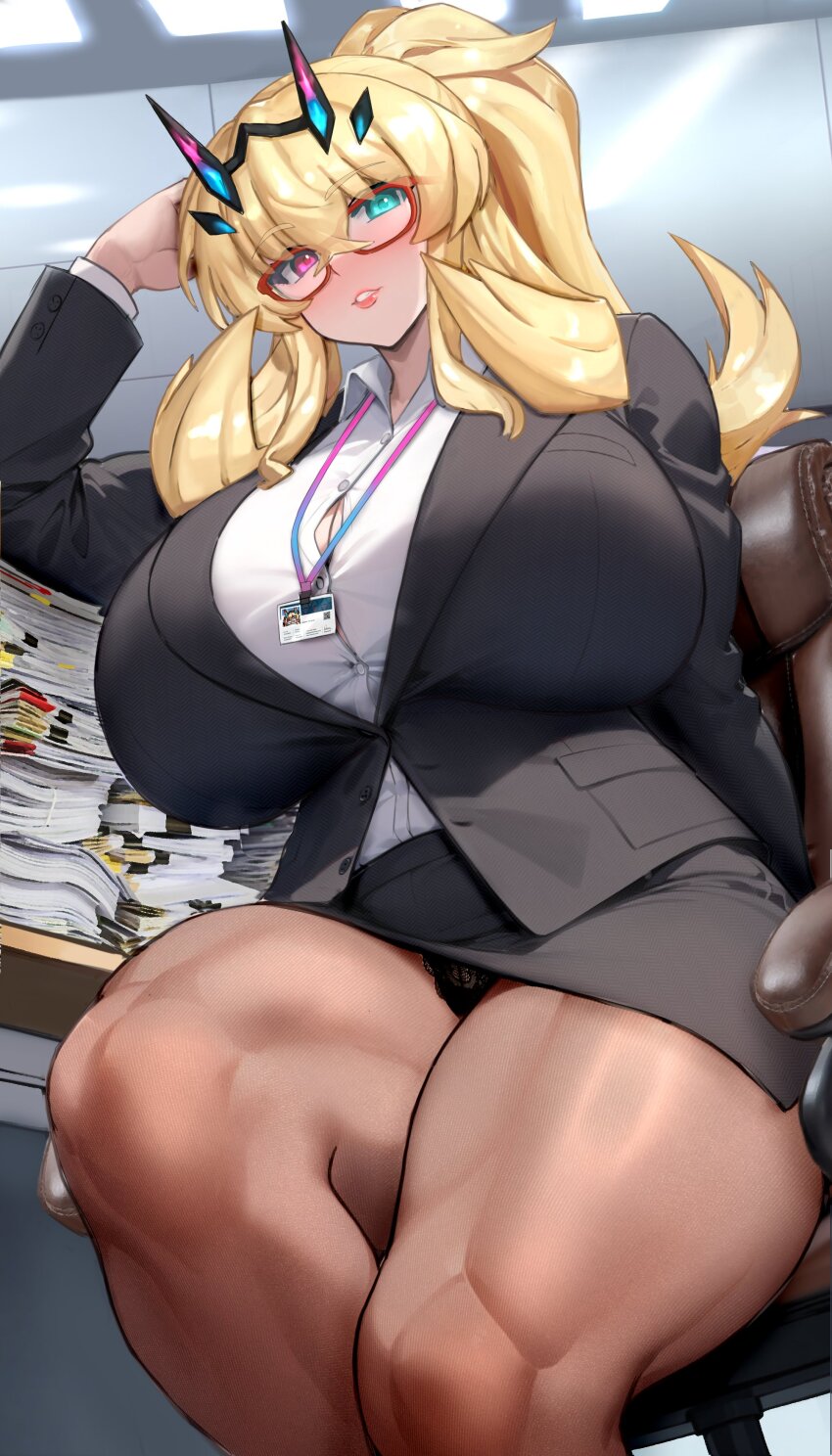 1girl absurdres barghest_(fate) black_jacket black_skirt blonde_hair blush breasts brown_pantyhose collared_shirt fate/grand_order fate_(series) formal_clothes glasses green_eyes heterochromia highres horns huge_breasts id_card jacket lanyard long_hair long_sleeves looking_at_viewer muscular muscular_female office_lady pantyhose parted_lips pencil_skirt ponytail raskasar red_eyes shirt skirt skirt_suit solo suit thick_thighs thighs white_shirt