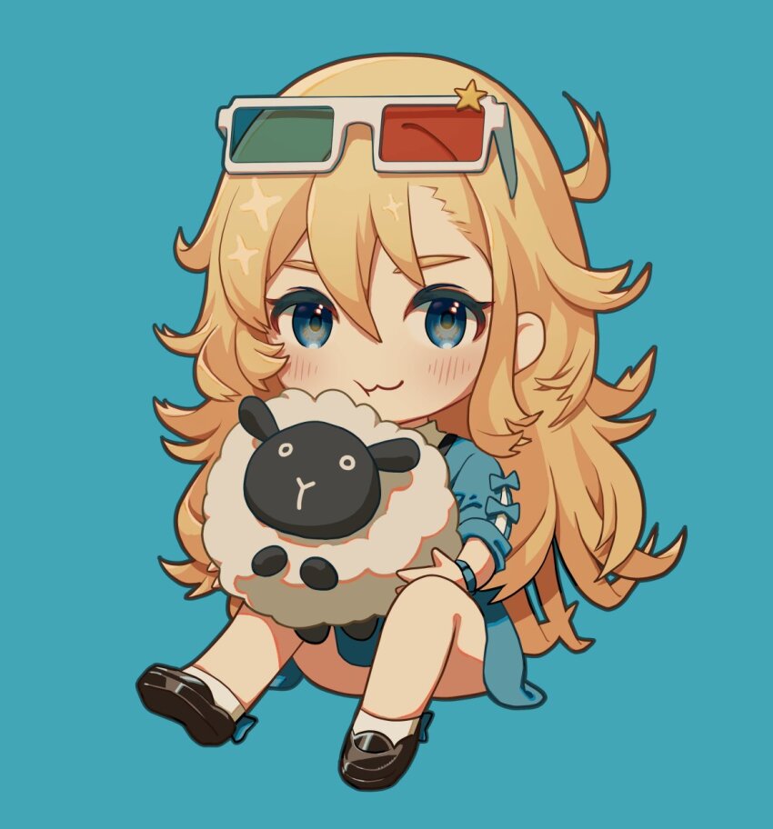 1girl 3d_glasses :3 black_footwear blonde_hair blue_background blue_dress blue_eyes cheek_press chibi dress eyewear_on_head highres holding_sheep light_blush loafers long_hair messy_hair original sheep shoes simple_background sitting sleeve_ribbon socks tsurupon white_socks