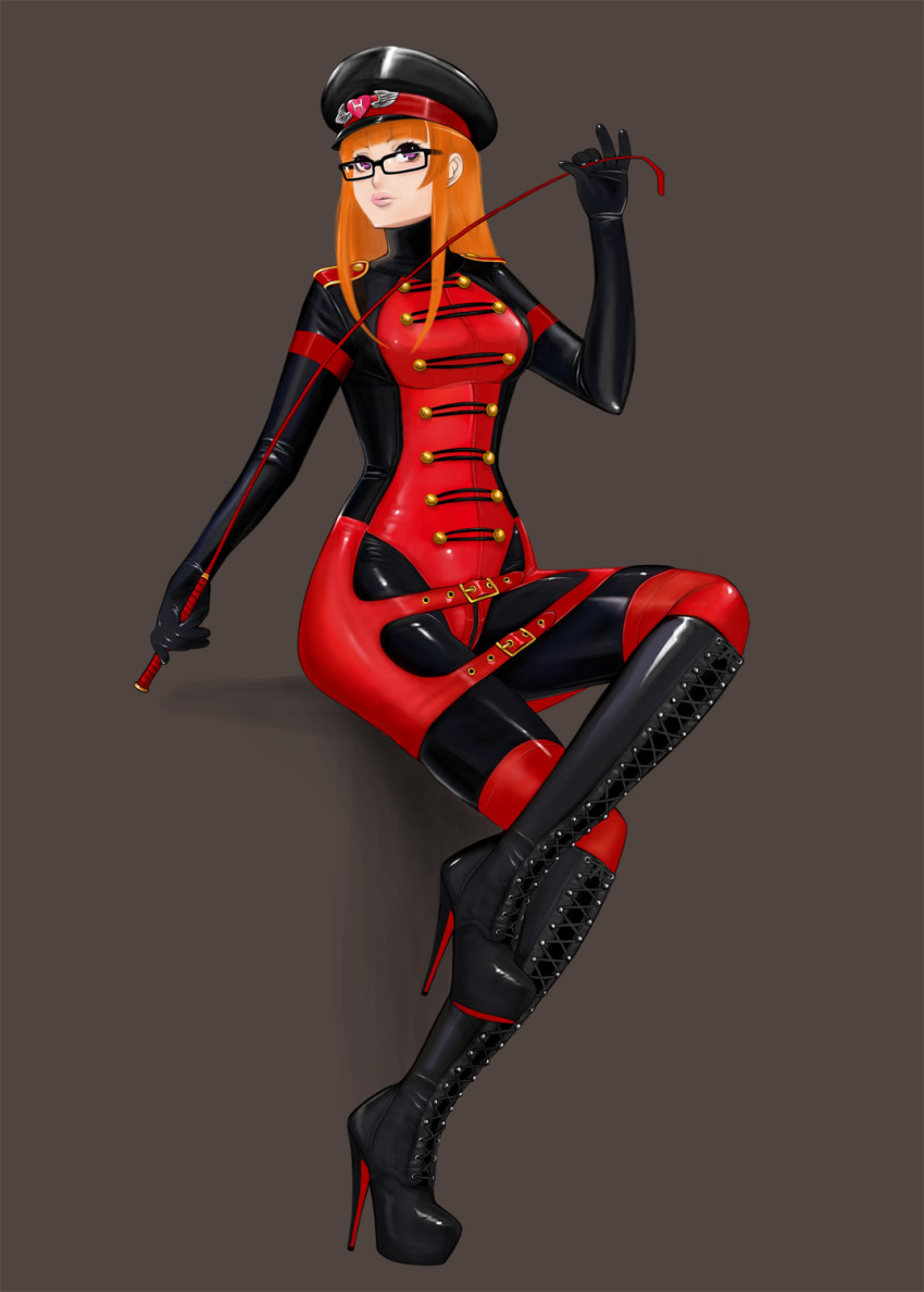 1girl belt black_boots bodysuit boots borrowed_character female_focus glasses hat high_heel_boots high_heels highres knee_boots komii lace-up_boots latex lips looking_up orange_hair platform_boots platform_footwear platform_heels purple_eyes skin_tight solo uniform
