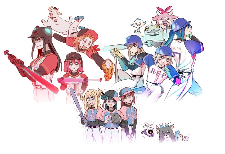 6+girls animal_ear_headwear animal_ears baseball baseball_bat baseball_cap baseball_glove baseball_helmet baseball_uniform black_hair black_shirt blonde_hair blue_eyes blue_gloves blue_hair blue_shirt blush braid brown_eyes brown_hair character_request chika_(genjitsu_no_yohane) cleats closed_mouth commentary crown_braid dia_(genjitsu_no_yohane) english_commentary fake_animal_ears genjitsu_no_yohane gloves green_eyes grey_hair hair_bun hair_ribbon hanamaru_(genjitsu_no_yohane) hat helmet highres holding holding_baseball_bat horns kanan_(genjitsu_no_yohane) kunikida_hanamaru kurosawa_dia kurosawa_ruby layered_sleeves long_hair long_sleeves love_live! love_live!_sunshine!! mari_(genjitsu_no_yohane) matsuura_kanan medium_hair midair mole mole_under_mouth multiple_girls ohara_mari open_mouth orange_eyes pants parted_lips pink_shirt pito_(sh02327) ponytail purple_gloves red_eyes red_gloves red_hair red_ribbon red_shirt ribbon riko_(genjitsu_no_yohane) ruby_(genjitsu_no_yohane) sakurauchi_riko shiitake_(love_live!) shirt shirt_tucked_in short_over_long_sleeves short_sleeves simple_background single_side_bun smile sportswear striped_clothes striped_shirt sweat takami_chika trembling tsushima_yoshiko twintails two-tone_shirt undershirt v-shaped_eyebrows watanabe_you water white_background white_pants white_shirt yellow_eyes yohane_(genjitsu_no_yohane) you_(genjitsu_no_yohane)