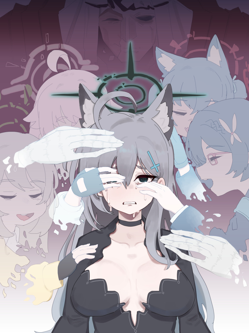 1boy 5girls absurdres ahoge animal_ear_fluff animal_ears ayane_(blue_archive) black_choker black_dress black_gloves black_hair black_halo blue_archive breasts breasts_apart broken_halo brown_hair choker clenched_teeth collarbone commentary cross cross_hair_ornament dress empty_eyes fingerless_gloves foreclosure_task_force_(blue_archive) glasses gloves green_halo grey_hair hair_between_eyes hair_ornament halo highres hoshino_(blue_archive) large_breasts latin_cross long_hair lulubelleiii multiple_girls nonomi_(blue_archive) open_mouth phrenapates_(blue_archive) pink_hair pink_halo red_halo serika_(blue_archive) shiroko_(blue_archive) shiroko_terror_(blue_archive) solo_focus tearing_up tears teeth wolf_ears wolf_girl