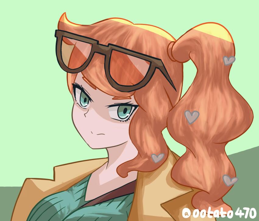1girl aqua_background aqua_eyes aqua_shirt artist_name between_breasts breasts brown_coat coat collarbone eyewear_on_head hair_ornament heart heart_hair_ornament highres nintendo ootato orange-tinted_eyewear orange_hair pokemon pokemon_swsh ribbed_shirt shirt side_ponytail solo sonia_(pokemon) strap_between_breasts sunglasses tinted_eyewear upper_body v-neck wavy_hair