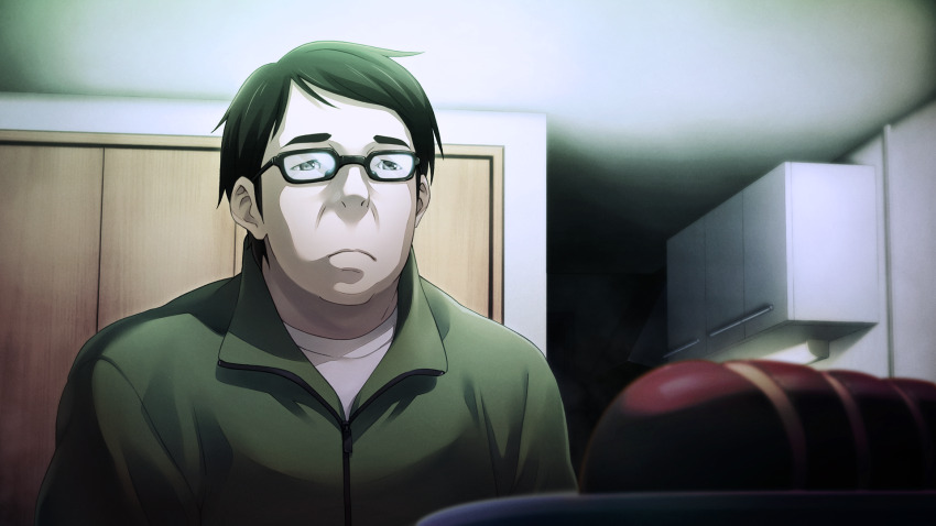 1boy chaos;child cupboard drawer food frown game_cg glasses grey_eyes ham highres indoors jacket male_focus non-web_source nostrils official_art ootani_yuuma plate sasaki_mutsumi shirt short_hair sitting solo track_jacket white_shirt zipper zipper_pull_tab