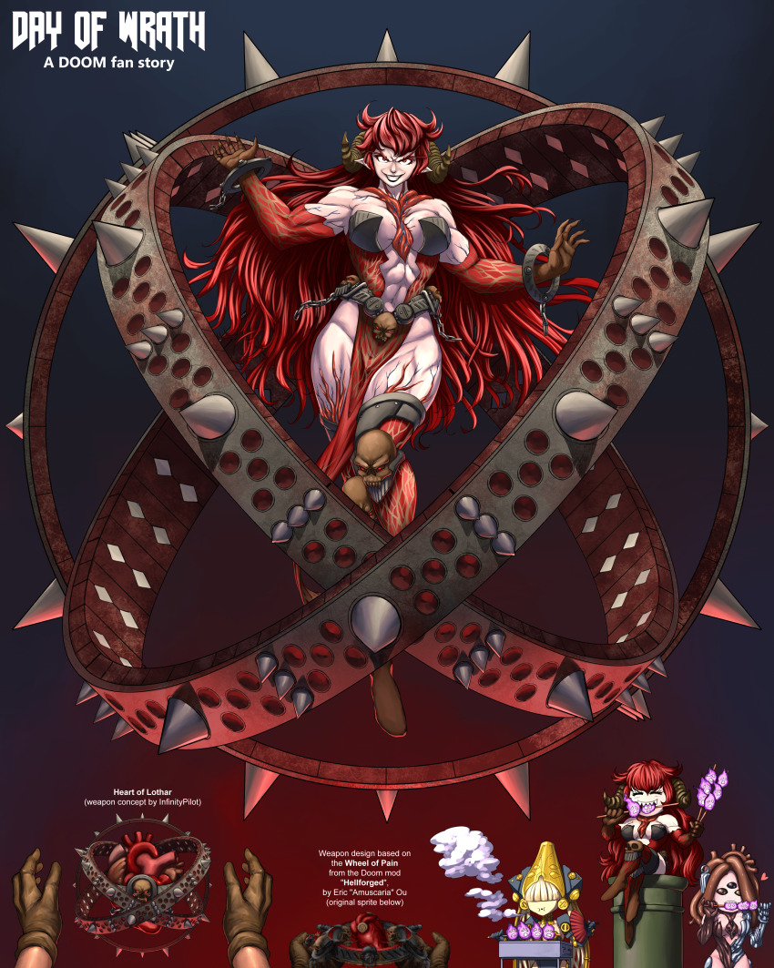 1boy 3girls abs absurdres blonde_hair breasts brown_hair chibi chibi_inset cleavage closed_eyes cooking day_of_wrath_(doom_fanfic) demon_girl demon_horns detached_arm doom_(series) doom_i doomguy eating elbow_gloves english_text evil_smile female_focus floating floating_hair floating_object food full_body gloves gradient_background grill grilling hair_over_eyes heart highres holding holding_skewer horns jewelry large_breasts linea_alba loincloth long_hair looking_at_viewer matching_hair/eyes midriff multiple_eyes multiple_girls muscular muscular_arms muscular_female muscular_legs navel open_mouth organs pelvic_curtain personification pov pov_hands reaching red_eyes red_hair resized ring sharp_teeth shish_kebab simple_background skewer skull skull_belt smile smoke spikes standing substance20 teeth thighhighs upper_teeth_only veins veiny_arms very_long_hair weapon