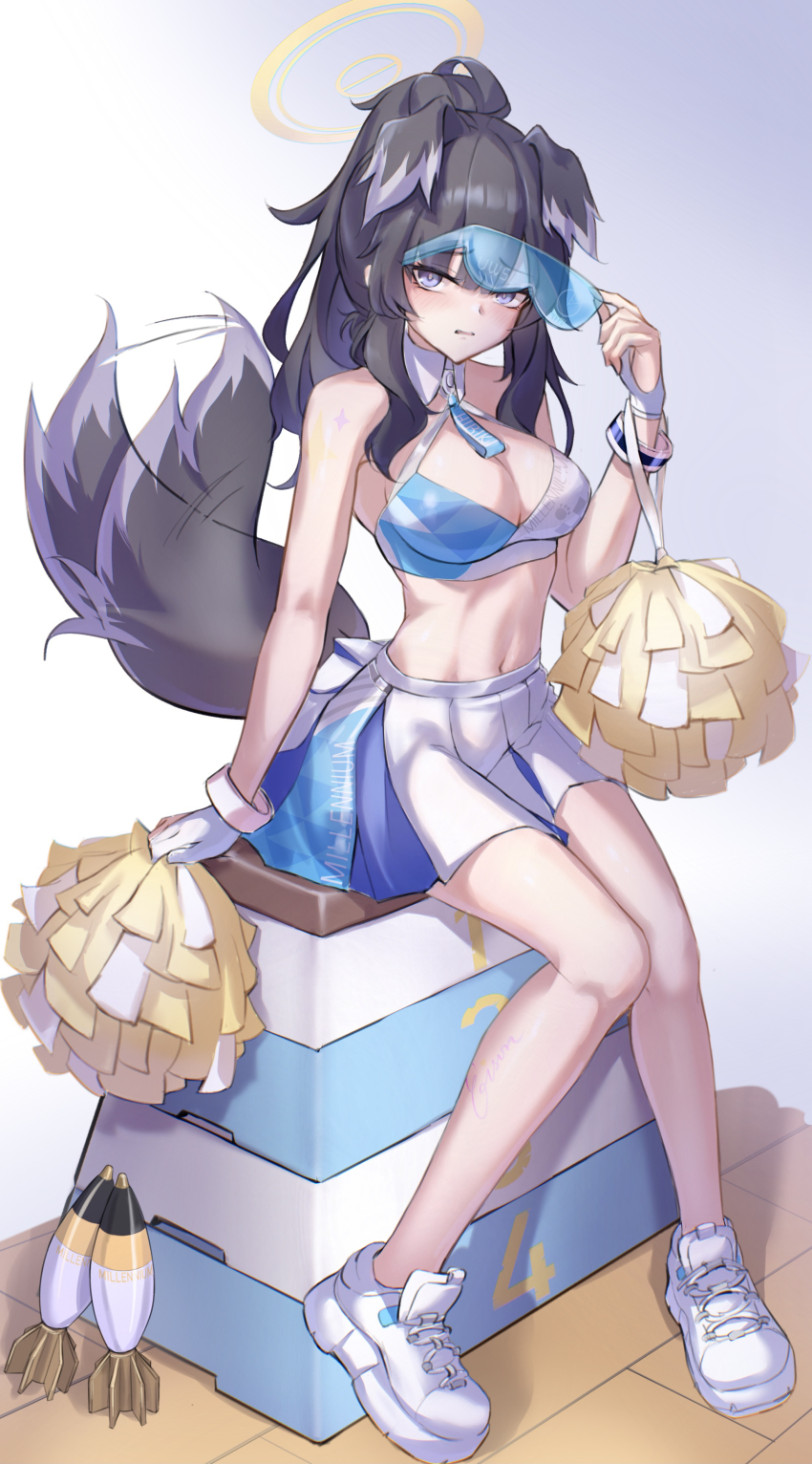 1girl absurdres adjusting_eyewear ammunition animal_ears bangle bare_legs bare_shoulders black_hair blue_archive blush bracelet breasts cheerleader cleavage crop_top dog_ears dog_girl dog_tail eyewear_on_head goggles goggles_on_head halo hand_on_eyewear hibiki_(blue_archive) hibiki_(cheer_squad)_(blue_archive) highres holding holding_pom_poms jewelry long_hair looking_at_viewer medium_breasts millennium_cheerleader_outfit_(blue_archive) mortar_shell navel official_alternate_costume pom_pom_(cheerleading) pom_poms shoes skirt sneakers solo star_sticker sticker_on_arm tail tail_wagging text_print vaulting_horse white_shoes white_skirt yellow_halo yyfuu