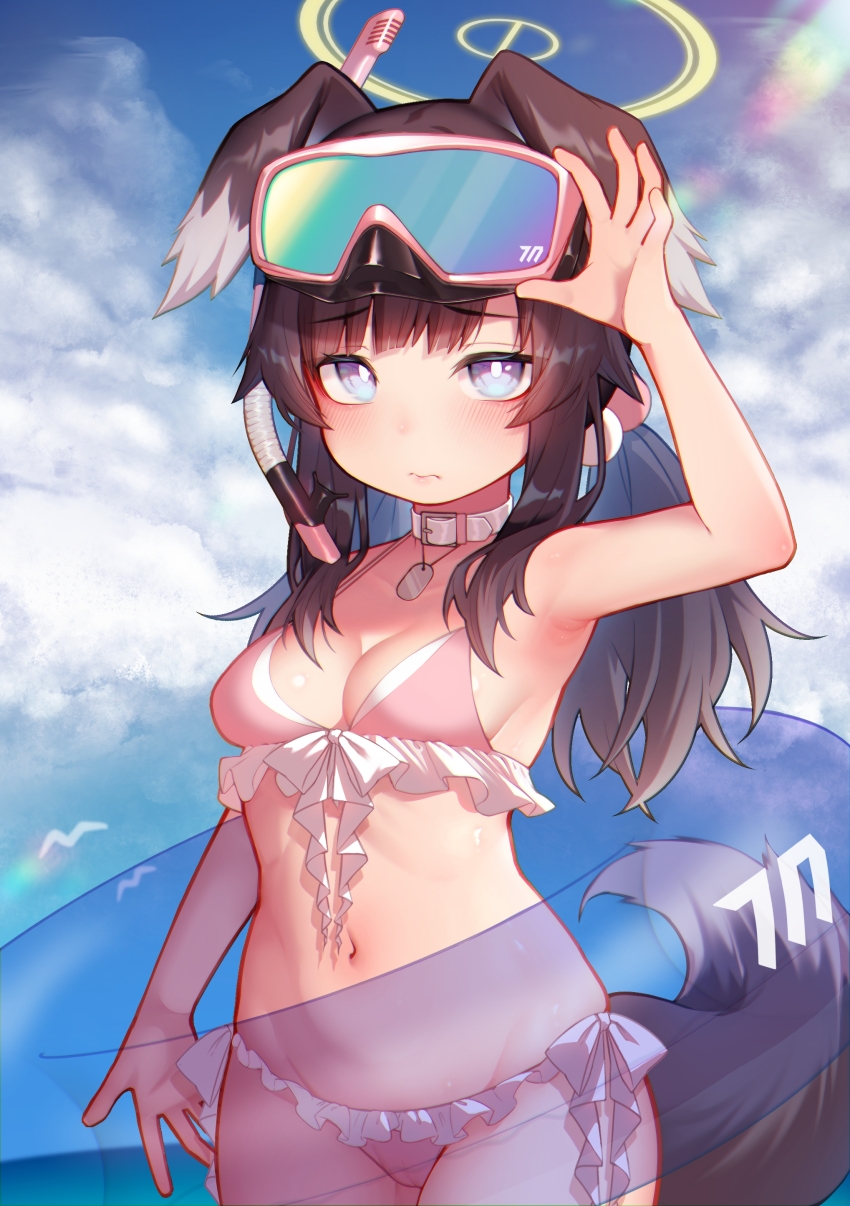 1girl absurdres akuma_(st.takuma) alternate_costume animal_ears arm_up armpits belt_collar bikini black_hair blue_archive blue_eyes blue_sky blush breasts closed_mouth collar commentary cowboy_shot day diving_mask diving_mask_on_head dog_ears dog_girl dog_tags dog_tail frilled_bikini frills goggles goggles_on_head hibiki_(blue_archive) highres innertube looking_at_viewer navel outdoors pink_bikini sky small_breasts snorkel solo standing stomach swim_ring swimsuit tail