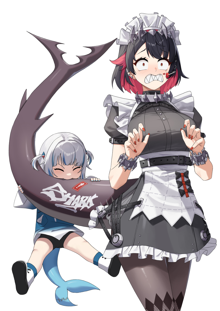 2girls absurdres alfie_(tmdals7645) animal_costume biting biting_another&#039;s_tail black_hair black_pantyhose black_shorts blue_eyes blue_hair blue_hoodie crossover dress ellen_joe fang fins fish_tail frilled_dress frills gawr_gura gawr_gura_(1st_costume) grey_hair highres hololive hololive_english hood hoodie looking_at_viewer maid maid_headdress multicolored_hair multiple_girls nail_polish pain pantyhose red_eyes red_hair red_nails shark_costume shark_girl shark_tail sharp_teeth shorts simple_background streaked_hair striped_hair tail teeth two-tone_hair two_side_up virtual_youtuber white_background zenless_zone_zero