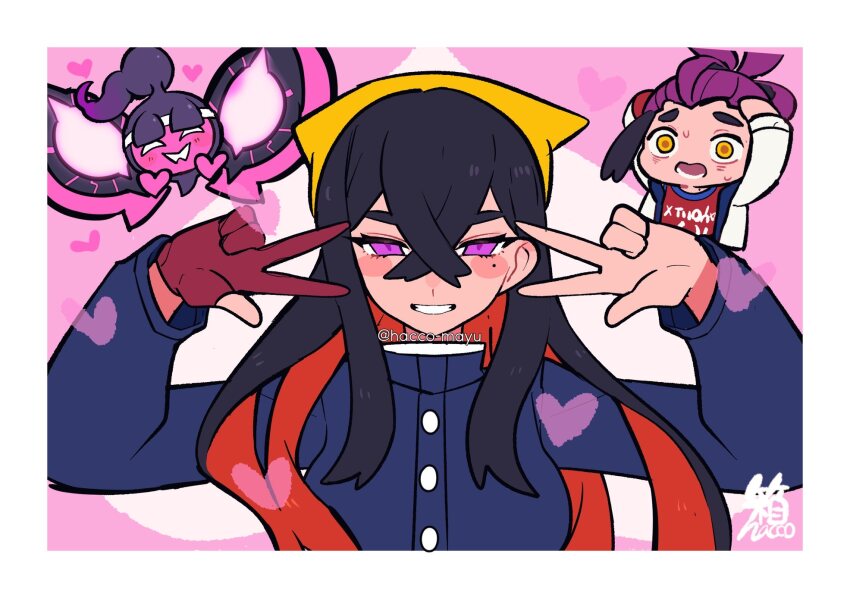 1boy 1girl alternate_eye_color black_hair blue_gakuran blueberry_academy_school_uniform blush brother_and_sister carmine_(pokemon) chibi chibi_inset colored_inner_hair corruption crossed_bangs double_w furrowed_brow gloves grin hacco_mayu hair_between_eyes hair_pulled_back hairband hands_on_own_head hands_up heart heart_background highres jacket kieran_(pokemon) long_hair looking_at_viewer mind_control mole mole_under_eye multicolored_hair nintendo open_mouth partially_fingerless_gloves pecharunt pink_background pink_eyes pokemon pokemon_sv portrait purple_hair red_gloves red_hair red_tank_top scared school_uniform siblings single_glove smile solo_focus sweat tank_top topknot two-tone_hair w white_jacket yellow_eyes yellow_hairband