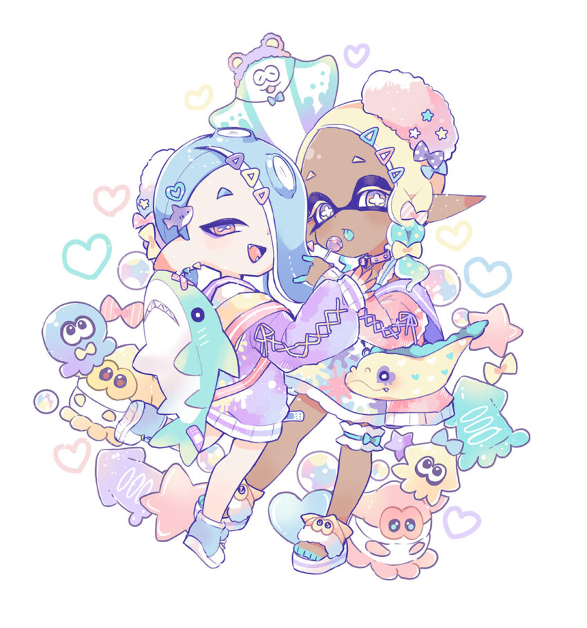 22nyk2s70 2girls alternate_costume animal_bag apron backpack bag bandaid bandaid_on_knee bandaid_on_leg belt belt_buckle belt_collar big_man_(splatoon) blonde_hair blue_apron blue_bow blue_footwear blue_hair blue_tongue bow braid bright_pupils bubble buckle candy cephalopod_eyes chupa_chups collar colored_tips colored_tongue cross-laced_clothes cross-laced_sleeves dark-skinned_female dark_skin deformed dress ear_piercing fangs food frilled_thigh_strap frye_(splatoon) full_body fur_hat green_bag green_hair hair_bow hair_ornament hair_over_one_eye hairclip hat hat_bow heart heart_hair_ornament highres holding holding_candy holding_food holding_lollipop lollipop long_sleeves medium_hair multicolored_hair multiple_girls multiple_hair_bows nintendo open_mouth orange_eyes paint_splatter pastel_colors piercing pink_belt pink_ribbon pointy_ears polka_dot polka_dot_bow puffy_long_sleeves puffy_sleeves purple_bow purple_dress purple_ribbon purple_sailor_collar red_bow red_hat red_sweater ribbon sailor_collar sandals shark_hair_ornament shiver_(splatoon) shoes short_dress simple_background single_braid sleeve_ribbon sneakers splatoon_(series) splatoon_3 star_(symbol) stingray striped_bow studded_belt stuffed_squid sweater sweater_dress tentacle_hair thigh_strap toes ushanka vertical-striped_bow white_background white_footwear white_hat white_pupils yellow_bow yellow_eyes
