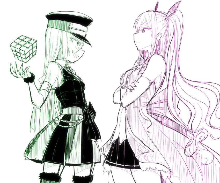 2girls alina_gray ami_ria bow chain crossed_arms cube elbow_gloves eye_contact from_side fur-trimmed_thighhighs fur_trim furrowed_brow gloves hat ken_(koala) long_hair looking_at_another magia_record:_mahou_shoujo_madoka_magica_gaiden magical_girl mahou_shoujo_madoka_magica multiple_girls open_mouth peaked_cap pleated_skirt profile puffy_short_sleeves puffy_sleeves short_sleeves skirt smile standing straight_hair thighhighs very_long_hair vest waist_bow