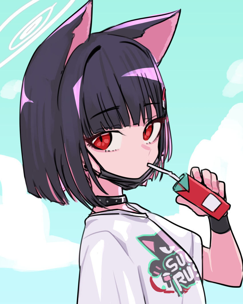 1girl absurdres animal_ears black_choker black_mask blue_archive blunt_bangs cat_ears choker colored_inner_hair commentary drink extra_ears halo highres holding holding_drink juice_box kazusa_(band)_(blue_archive) kazusa_(blue_archive) looking_at_viewer mask_pull multicolored_hair neophyte official_alternate_costume pink_hair print_shirt red_eyes shirt short_hair solo