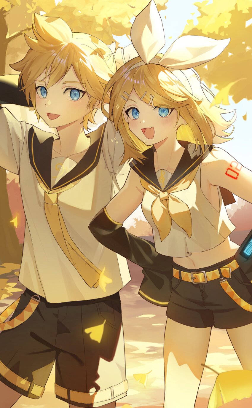 absurdres ahoge armpit_crease arms_behind_head bare_shoulders bass_clef belt belt_buckle black_sailor_collar black_shorts black_sleeves blonde_hair blue_eyes bow breasts brother_and_sister buckle collarbone detached_sleeves falling_leaves fang foliage ginkgo_leaf ginkgo_tree hair_between_eyes hair_bow hair_ornament hairclip hands_on_own_hips highres kagamine_len kagamine_rin leaf light_blush medium_hair midriff narrow_waist navel neckerchief necktie number_tattoo open_mouth ponytail sailor_collar shana_deco shirt short_hair short_ponytail short_sleeves shorts siblings skin_fang sleeveless sleeveless_shirt sleeves_past_fingers sleeves_past_wrists small_breasts smile sparkle tattoo treble_clef tree twins vocaloid white_bow white_shirt yellow_belt yellow_leaves yellow_neckerchief yellow_necktie