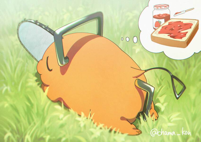 1other absurdres bread bread_slice chainsaw_man chama_kou closed_eyes dreaming food from_above fruit highres jam jar knife on_grass pochita_(chainsaw_man) sleeping speech_bubble strawberry thought_bubble twitter_username