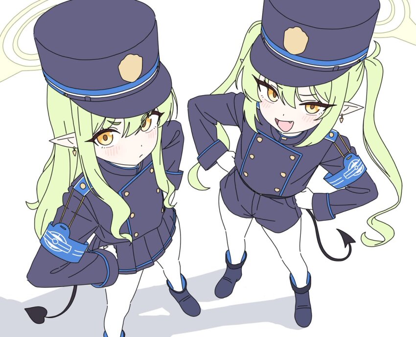 &gt;:( 2girls :d armband black_hat black_tail blue_archive blue_armband child clenched_hands demon_tail earrings fang from_above green_hair green_halo halo hands_on_own_hips hat hikari_(blue_archive) jewelry kutsusama light_blush long_hair looking_at_viewer multiple_girls nozomi_(blue_archive) open_mouth pantyhose peaked_cap pointy_ears siblings sisters smile standing tail train_conductor twins twintails v-shaped_eyebrows white_background white_pantyhose
