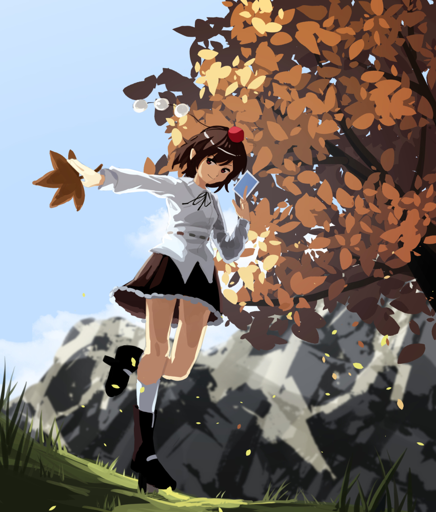 1girl black_boots black_ribbon black_skirt boots brown_eyes brown_hair closed_mouth cloud day falling_petals frilled_skirt frills furahata_gen grass hand_fan hat highres holding holding_fan holding_photo leaf long_sleeves looking_at_viewer mountain petals photo_(object) pointy_ears red_hat ribbon shameimaru_aya shirt shirt_ribbon short_hair skirt sky sleeve_cuffs smile socks solo standing standing_on_one_leg tokin_hat touhou tree white_shirt white_socks