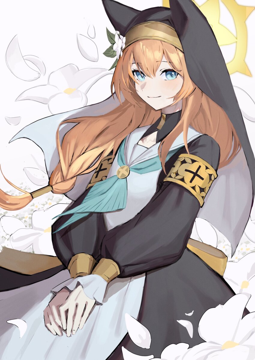 1girl absurdres animal_ears black_dress black_headwear blue_archive blue_eyes closed_mouth dress flower franz2543 habit hair_between_eyes halo highres long_hair long_sleeves looking_at_viewer mari_(blue_archive) neckerchief nun orange_hair petals simple_background smile solo white_background white_flower