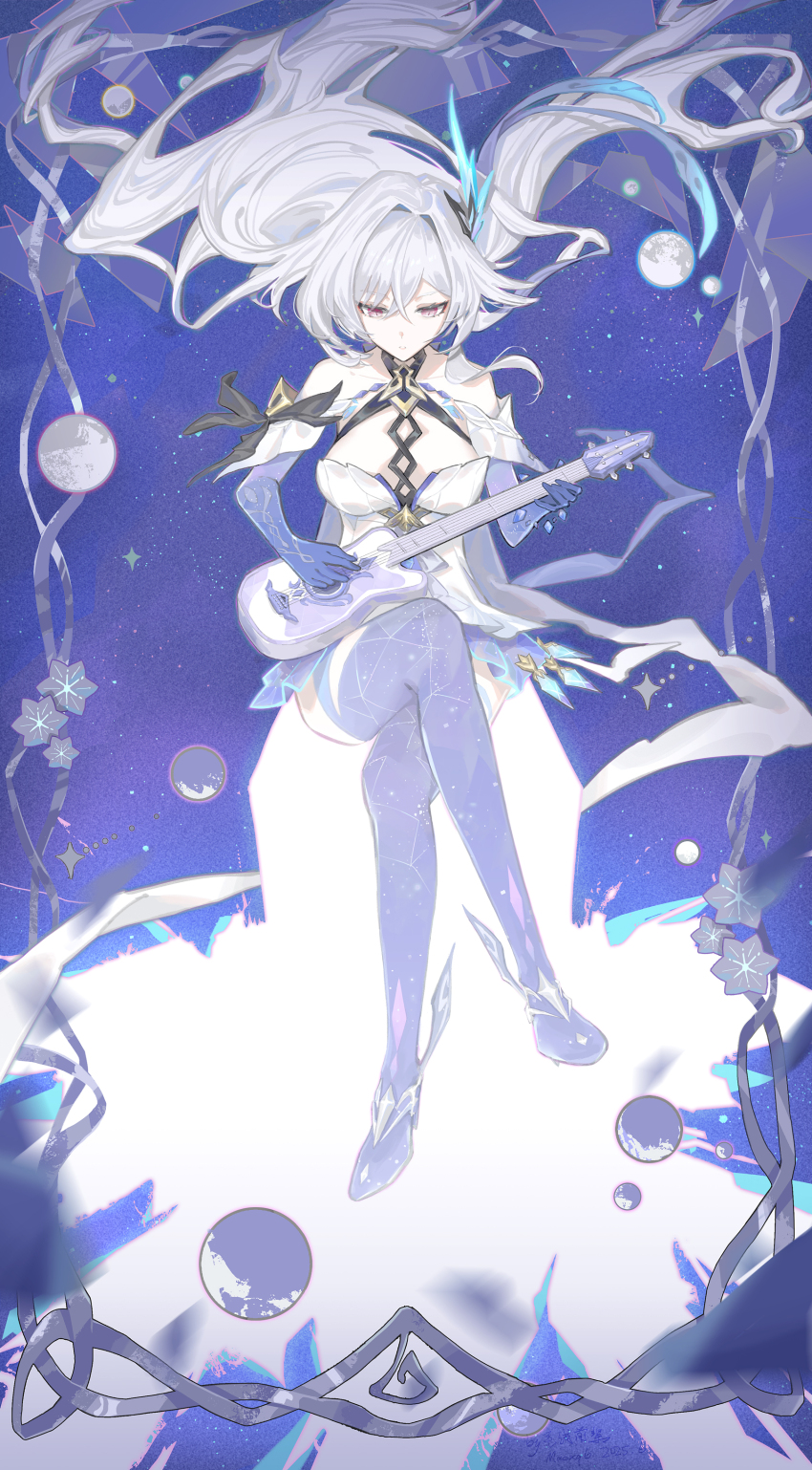 1girl absurdres bare_shoulders border breasts broken_glass constellation_print crossed_legs dress elbow_gloves facing_viewer floating_hair full_body genshin_impact glass gloves guitar hair_ornament highres holding holding_guitar holding_instrument instrument leonlionheart long_hair looking_down medium_breasts music ornate_border parted_lips pink_eyes playing_guitar playing_instrument purple_gloves sitting skirk_(genshin_impact) solo star_(sky) starry_sky_background thighhighs very_long_hair white_dress white_hair
