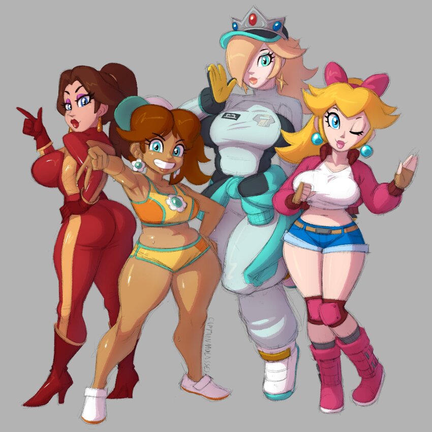 4girls alternate_breast_size ass biker_clothes bikesuit black_gloves blonde_hair blue_eyes bodysuit boots breasts brown_hair captainmolasses closed_mouth clothes_around_waist dark-skinned_female dark_skin earrings eyeshadow female_focus fingerless_gloves floating gloves grin hair_over_one_eye height_difference highres jacket jacket_around_waist jewelry large_breasts legs_apart makeup mario_(series) mario_kart mario_kart_world midriff multiple_girls narrow_waist navel nintendo official_alternate_costume pants pauline_(mario) pink_lips ponytail princess_daisy princess_daisy_(swimwear)_(mario_kart_world) princess_peach princess_peach_(touring) purple_eyeshadow racing_suit red_bodysuit red_gloves red_lips rosalina rosalina_(pro_racer) salute shorts sideboob smile taut_clothes thick_lips thick_thighs thighs track_pants two-finger_salute v waving