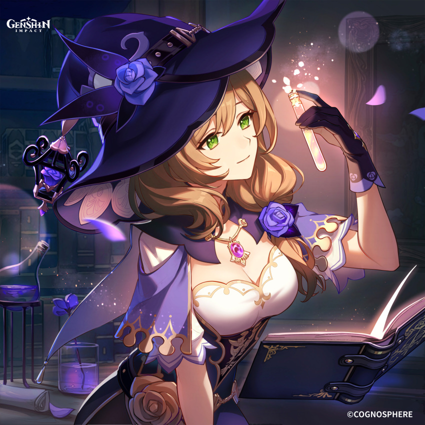 1girl absurdres black_gloves breasts brown_hair cleavage closed_mouth commentary english_commentary flower genshin_impact gloves green_eyes hat hat_flower highres lisa_(genshin_impact) official_art purple_flower purple_hat purple_rose rose short_sleeves smile witch_hat