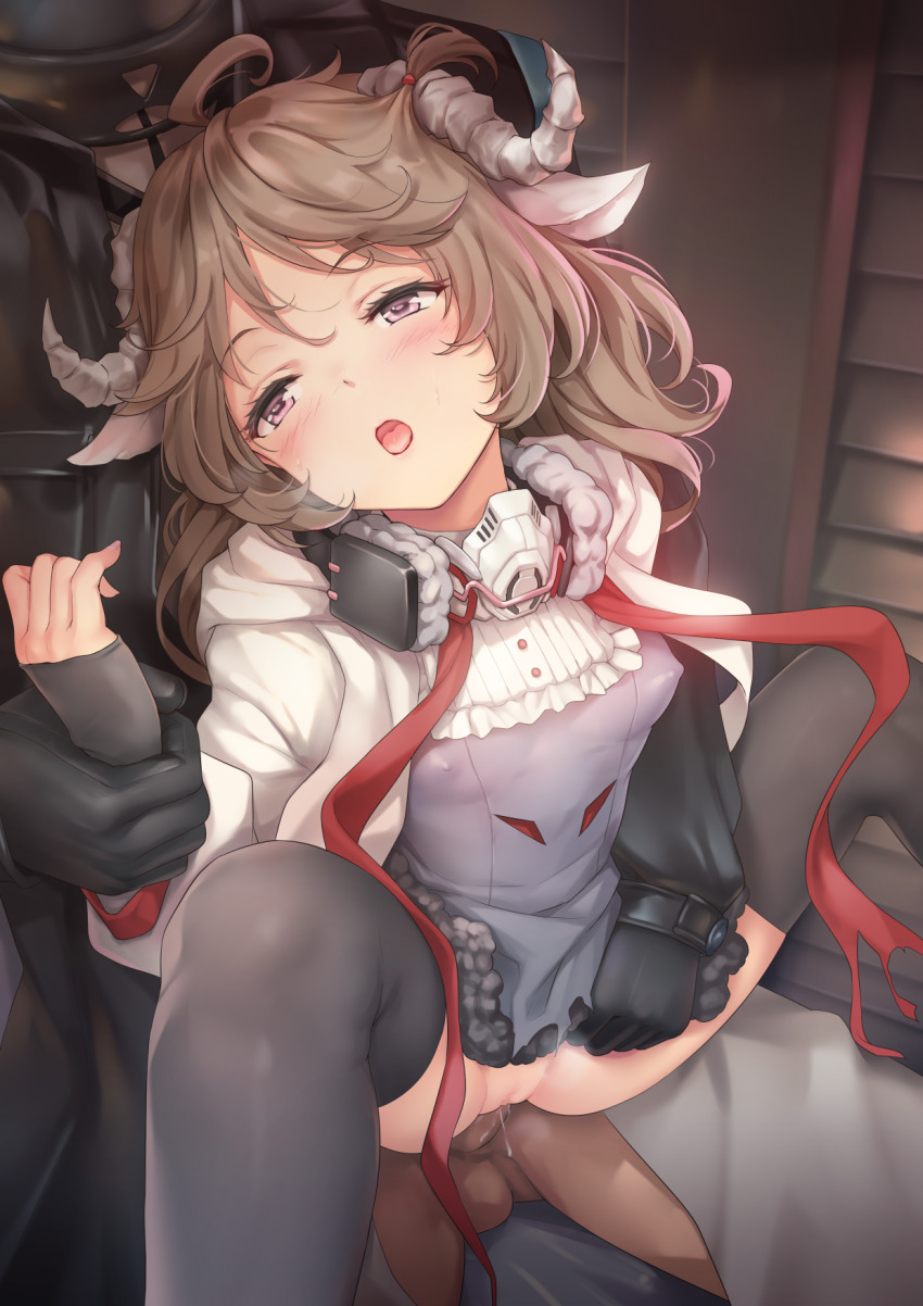 1boy 1girl ahoge alpha_(alpha91) animal_ears arknights banned_artist black_gloves black_thighhighs blue_dress blush bottomless breasts brown_hair clothed_sex covered_erect_nipples dress erection eyjafjalla_(arknights) feet_out_of_frame fingerless_gloves gloves half-closed_eyes hetero highres holding_another&#039;s_wrist horns jacket long_hair m_legs mask mask_around_neck moaning open_clothes open_jacket open_mouth pink_eyes pussy pussy_juice sex sheep_ears sheep_girl sheep_horns small_breasts solo_focus thighhighs tongue vaginal white_jacket