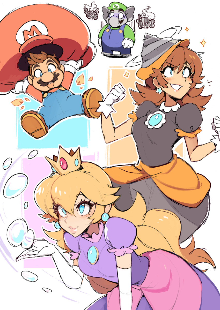2boys 2girls almightychiru black_dress blonde_hair blue_eyes blue_overalls brooch brown_hair bubble bubble_peach commentary crown daisy_(flower) dress drill_daisy earrings elephant elephant_luigi english_commentary flipped_hair flower flower_brooch flower_earrings gloves green_hat green_shirt hat highres holding holding_unworn_clothes holding_unworn_hat jewelry luigi mario mario_(series) medium_hair multiple_boys multiple_girls nintendo overalls parachute_cap parted_bangs princess_daisy princess_peach purple_dress red_hat red_shirt shirt sphere_earrings super_mario_bros._wonder tan unworn_hat unworn_headwear white_background
