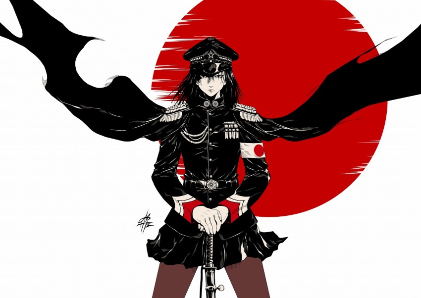 1girl armband cloak commentary_request epaulettes expressionless hands_on_hilt hat jacket japanese_flag katana limited_palette looking_at_viewer medium_hair military_uniform original peaked_cap skirt solo sword weapon wind yamada_satoshi