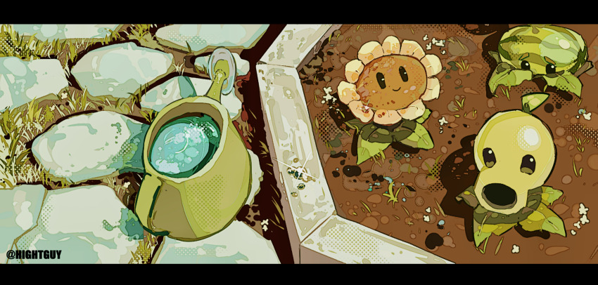 garden highres hightguy melon-pult_(plants_vs_zombies) no_humans peashooter_(plants_vs_zombies) plant plants_vs_zombies smile soil sunflower_(plants_vs_zombies) water