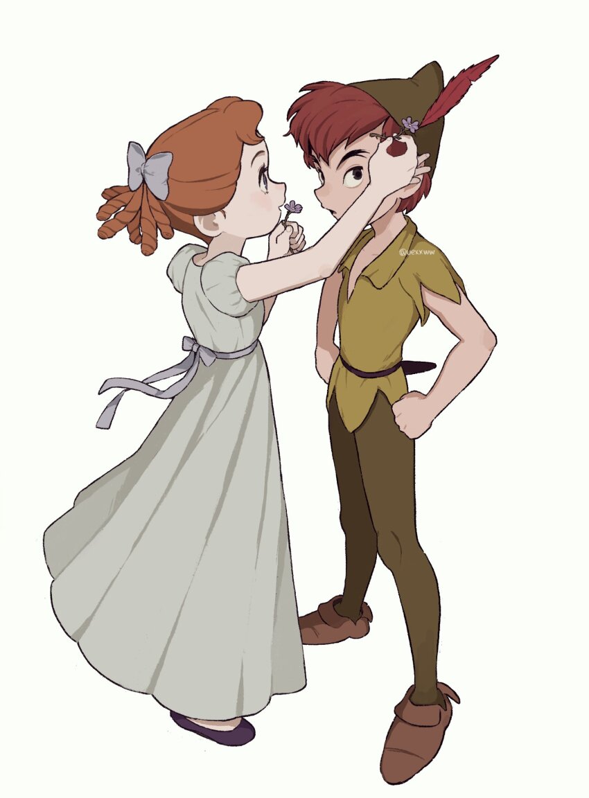 1boy 1girl black_shoes boots bow brown_boots brown_hair couple dress flower full_body green_hat green_pantyhose green_tunic grey_bow grey_dress hair_bow hair_flower hair_ornament hand_in_another&#039;s_hair hands_on_own_hips hat hat_feather hetero highres holding holding_flower kumao_(uexxww) long_dress pantyhose parted_lips peter_pan_(character) pointy_ears pointy_hair puffy_short_sleeves puffy_sleeves ringlets shoes short_hair short_sleeves smile tunic twitter_username walt_disney&#039;s_peter_pan wendy_darling white_background