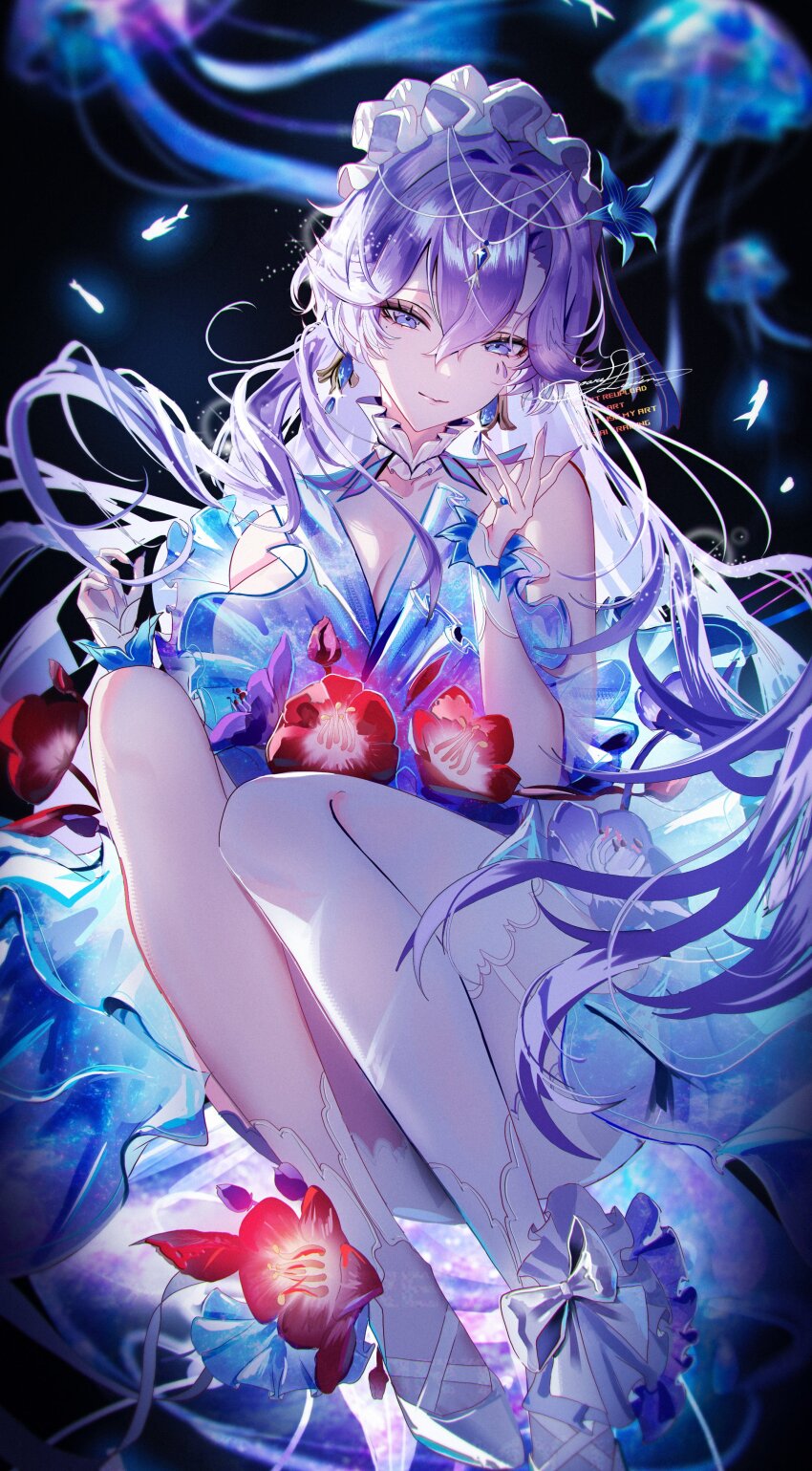 1girl absurdres asymmetrical_legwear bare_shoulders blue_flower breasts cantarella_(wuthering_waves) cleavage closed_mouth collarbone commentary facial_mark fingernails flower hair_between_eyes hair_flower hair_ornament headdress highres kneehighs large_breasts legwear_cutout looking_at_viewer mark_under_eye nail_polish purple_eyes purple_hair purple_nails red_flower single_kneehigh single_sock single_thighhigh soare_lucien socks solo thighhighs uneven_legwear white_socks white_thighhighs wuthering_waves