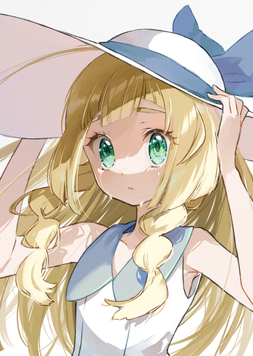 1girl blonde_hair blue_ribbon blunt_bangs braid collared_dress commentary crying dress eyelashes green_eyes hands_on_headwear hat hat_ribbon highres lillie_(pokemon) long_hair nintendo parted_lips pokemon pokemon_sm ribbon sasairebun sleeveless sleeveless_dress solo sun_hat symbol-only_commentary tears twin_braids upper_body white_dress white_hat