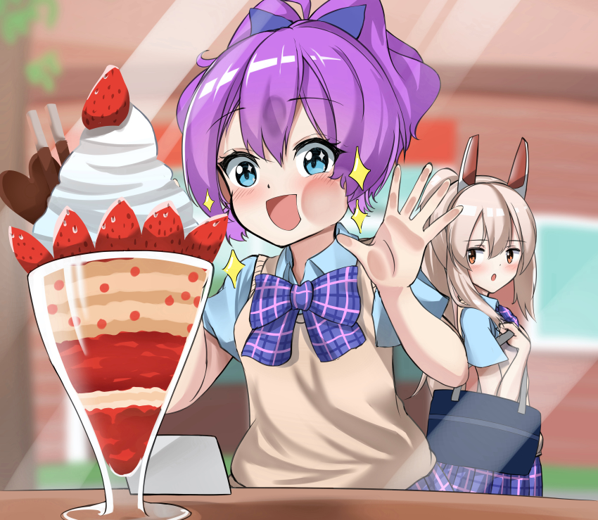 2girls :d absurdres against_glass ayanami_(azur_lane) azur_lane azur_lane:_slow_ahead bag blue_eyes blurry blush bow bowtie cheek_press cheek_squash commentary_request contemporary depth_of_field eyes_visible_through_hair food glass hair_bow hair_ribbon headgear highres huge_filesize javelin_(azur_lane) javelin_(slow_ahead!)_(azur_lane) long_hair looking_at_another looking_at_viewer looking_to_the_side micchamu multiple_girls open_mouth orange_eyes parfait plaid_clothes plaid_skirt pleated_skirt ponytail purple_hair ribbon school_bag school_uniform shirt shoulder_bag sidelocks silver_hair skirt smile sparkle vest
