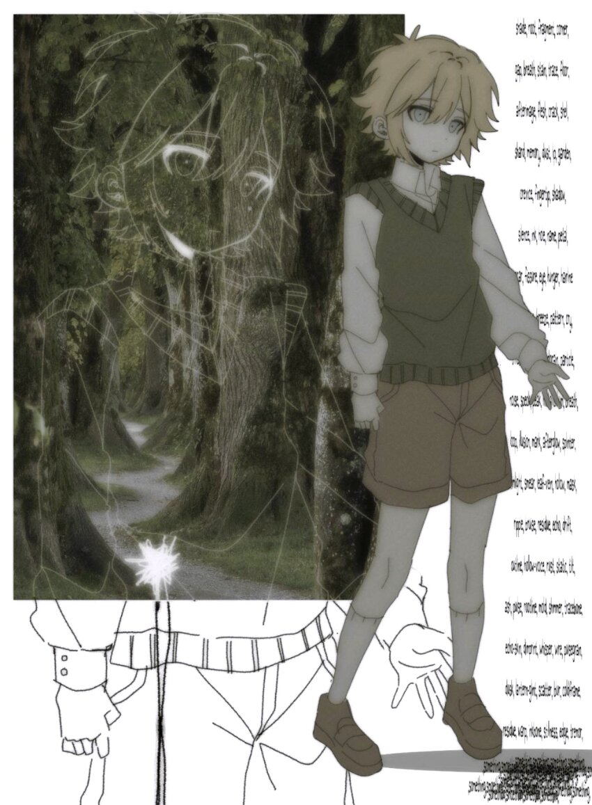 1boy alternate_sleeve_length antenna_hair basil_(faraway)_(omori) basil_(omori) blonde_hair blue_eyes brown_shoes brown_shorts closed_mouth collared_shirt double-parted_bangs english_text full_body green_sweater_vest highres loafers long_sleeves male_focus my_loleeta omori shirt shoes short_hair shorts sidelocks socks solo sweater_vest white_shirt white_socks