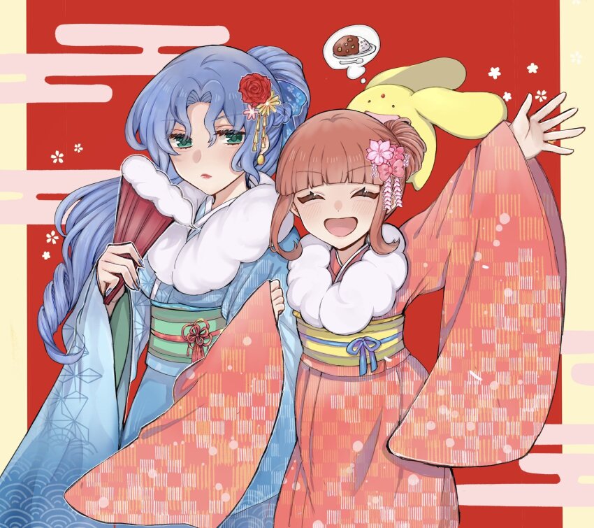 2girls :d ^_^ arle_nadja blue_eyes blue_hair blue_kimono blunt_bangs blush brown_hair carbuncle_(puyopuyo) chinese_zodiac closed_eyes egasumi floral_print flower food fur-trimmed_kimono fur_scarf fur_trim green_eyes hair_bun hair_flower hair_ornament hand_fan happy_new_year highres holding ichigomochi_(kiriakehinaki) japanese_clothes kimono long_hair long_sleeves looking_at_viewer madou_monogatari multiple_girls new_year obi obijime open_mouth ponytail print_kimono puyopuyo red_flower red_kimono red_rose robe rose rulue_(puyopuyo) sash short_hair single_hair_bun smile unmoving_pattern wide_sleeves