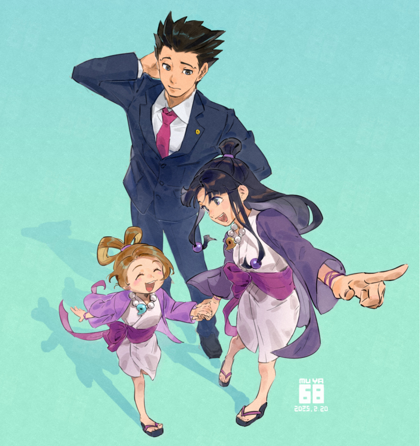 1boy 2girls ace_attorney arm_behind_head black_hair blue_jacket blue_pants blue_suit brown_hair closed_eyes formal_clothes from_above hair_ornament hair_rings hair_slicked_back highres holding_hands jacket japanese_clothes jewelry kimono long_hair long_sleeves magatama magatama_necklace maya_fey multiple_girls necklace necktie open_mouth pants pearl_fey phoenix_wright pointing sash shirt short_hair sidelocks skyloop19 smile spiked_hair suit