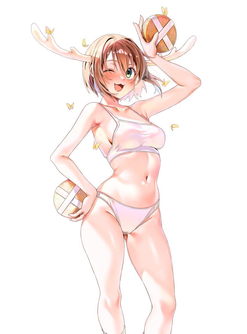 1girl absurdres antlers arm_up armpits bare_shoulders blush breasts brown_hair bug butterfly deer deer_antlers deer_cracker deer_girl highres holding horns insect large_breasts looking_at_viewer machulanko navel one_eye_closed panties purple_eyes shikanoko_noko shikanoko_nokonoko_koshitantan short_hair smile solo sports_bra underwear underwear_only white_panties