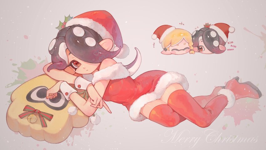 +++ 2girls ankle_boots black_hair blonde_hair blush_stickers boots breasts cephalopod_eyes chibi chibi_inset christmas closed_mouth commentary dress flying_sweatdrops fur-trimmed_boots fur-trimmed_dress fur-trimmed_headwear fur_trim gradient_hair hair_over_one_eye hat highres horizontal_pupils inkling inkling_girl inkling_player_character liang_cun_rakuna long_hair looking_at_viewer lying merry_christmas mistletoe_hair_ornament multicolored_hair multiple_girls nintendo octoling octoling_girl octoling_player_character off_shoulder on_side one_eye_covered parted_bangs pom_pom_(clothes) red_dress red_eyes red_footwear red_hair red_hat red_thighhighs santa_hat splatoon_(series) splatter_background stuffed_squid suction_cups symbol-only_commentary tentacle_hair thighhighs two-tone_hair white_wrist_cuffs wrist_cuffs
